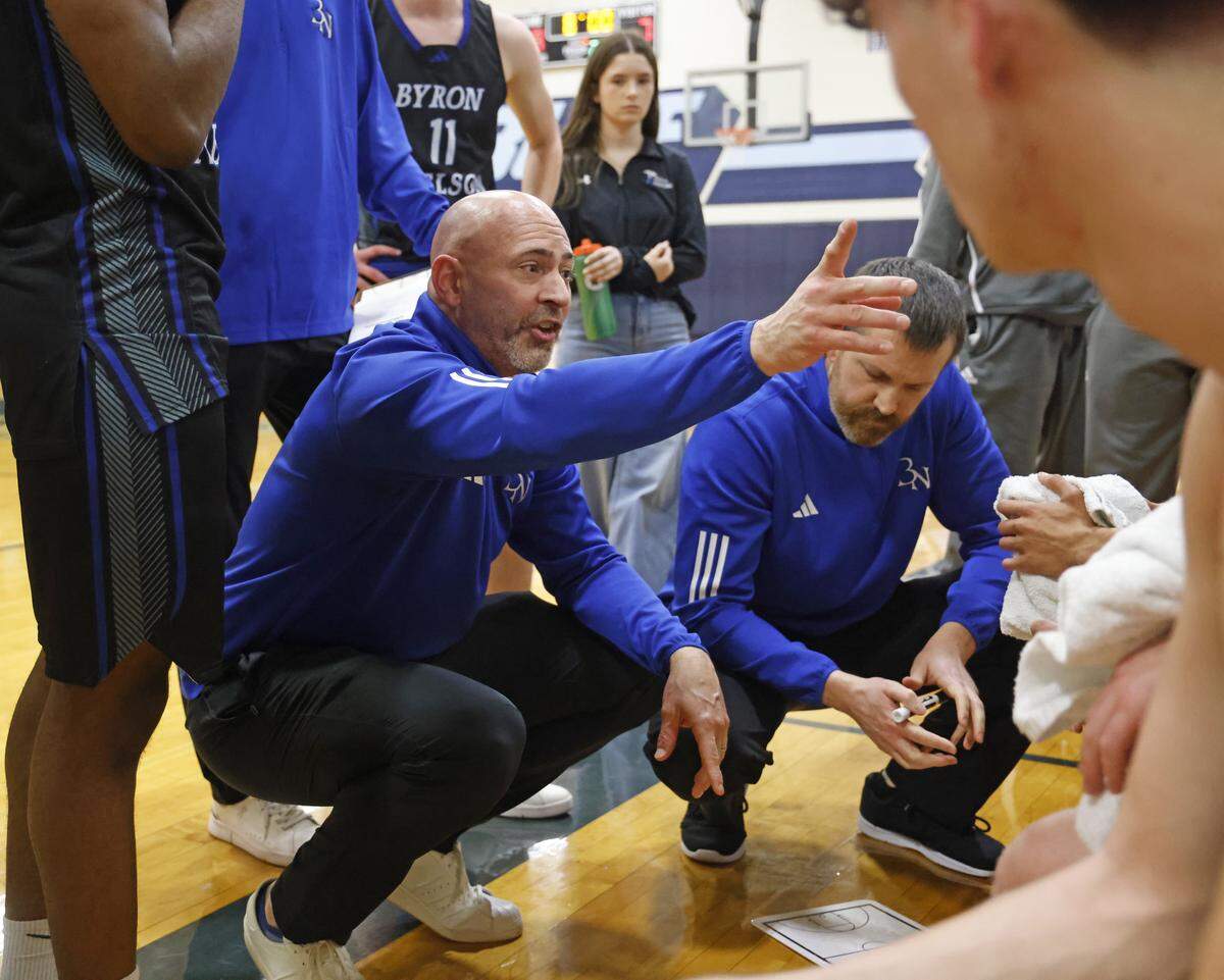 Byron Nelson head coach Brad Montgomery talks to the team during a time out against L.D. Bell in the first half of a boys UIL basketball game between Byron Nelson and L.D. Bell at L.D. Bell High School in Hurst, Texas, Friday Feb. 06, 2026
