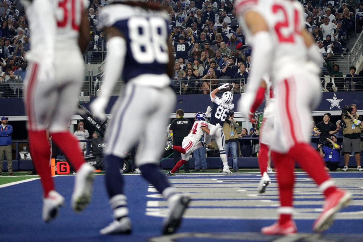 Dallas Cowboys tight end Dalton Schultz catches a pass to score a touchdown during their game against the Giants at the AT&T Stadium in Arlington on Thursday, Nov. 24, 2022. The Cowboys defeated the Giants 28-20 on Thanksgiving.