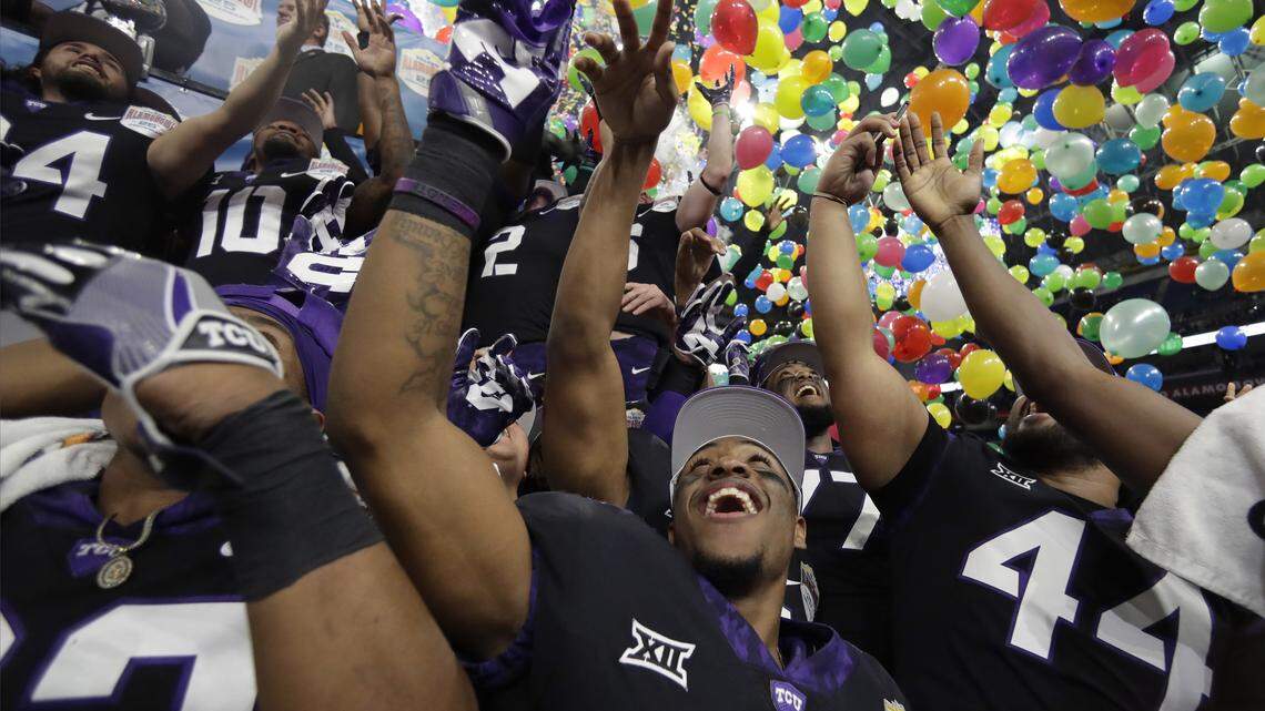 TCU players celebrate their 39-37 win over Stanford in the Alamo Bowl on Dec. 28, 2017, in San Antonio. (AP Photo/Eric G