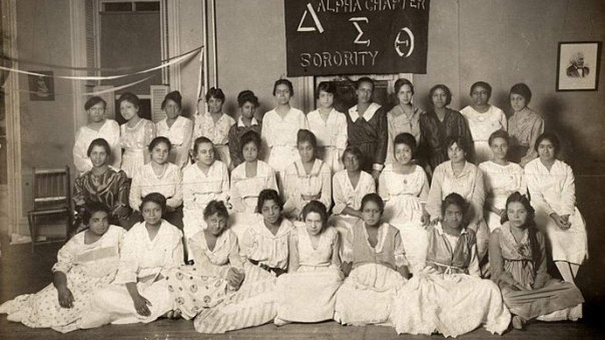 The Delta Sigma Theta Sorority, Alpha Chapter, in 1914. The sorority made its first public appearance during the 1913 Woman Suffrage Procession on March 13, 1913.