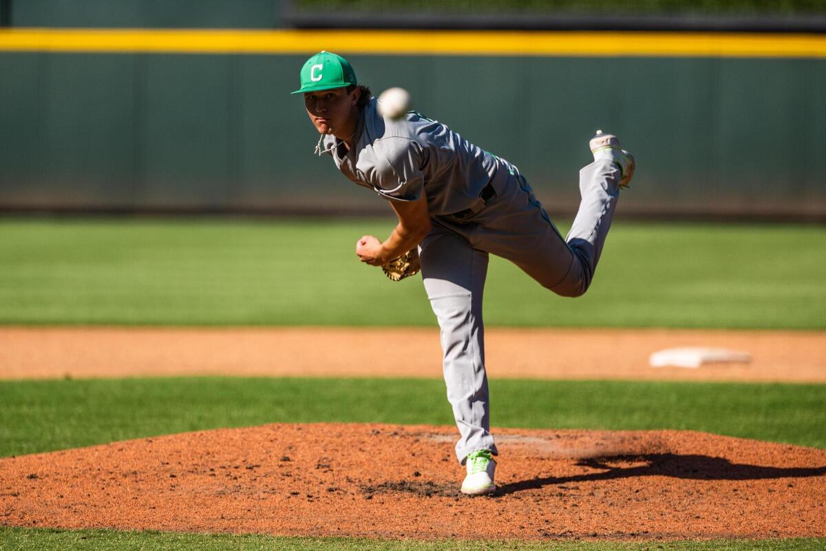 Griffin Herring pitching during the UIL 6A baseball state semifinal between Southlake Carroll and Fort Bend Ridge Point at Dell Diamond in Round Rock on June 10, 2022.
