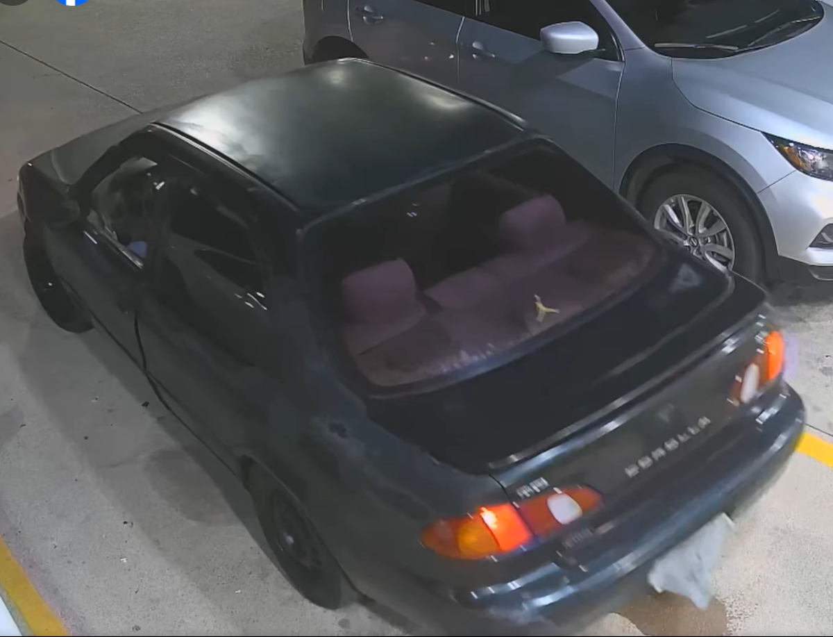 Security camera footage shows the two robbery suspects fled the Shell gas station, located in the 9800 block of White Settlement Road, in a dark-colored Toyota Corolla with a Michael Jordan sticker on the back window.