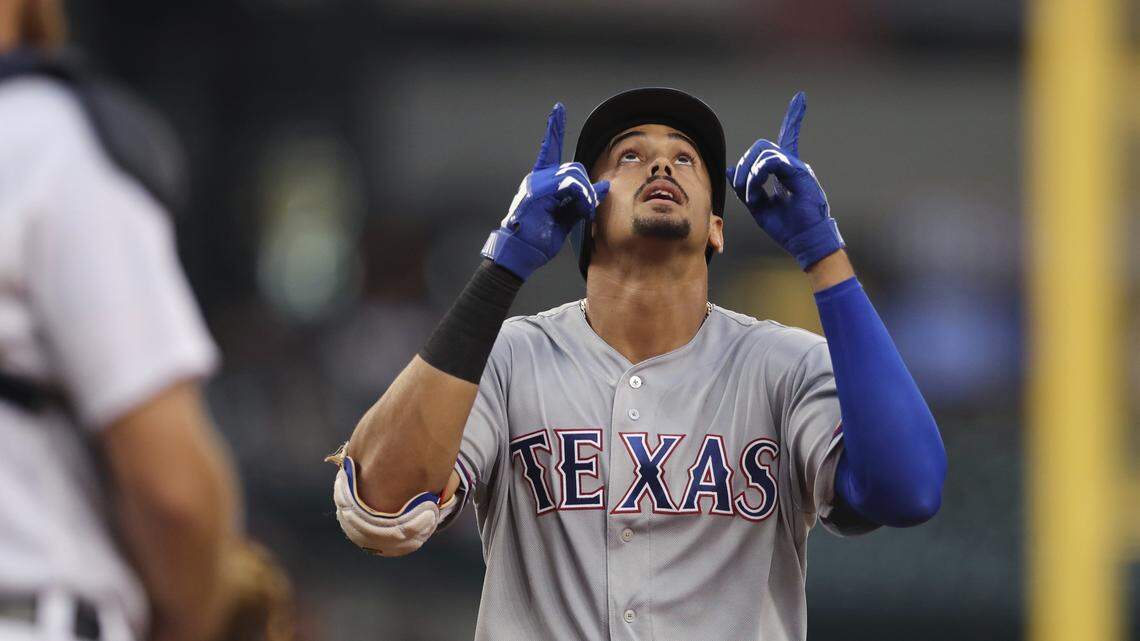 Texas Rangers’ Ronald Guzman looks skyward as he crosses home plate after his two-run home run during the fourth inning against the Detroit Tigers in a baseball game Thursday, July 5, 2018, in Detroit. (AP Photo/Carlos Osorio)