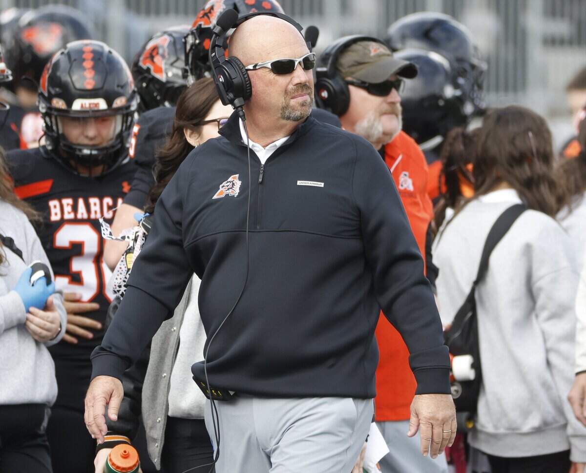 Aledo head coach Robby Jones walks the side lines during the first half of a UIL Class 5A Division I Regional on Friday Nov. 28, 2025 at Crowley ISD Multi-Purpose Stadium in Fort Worth, Texas.