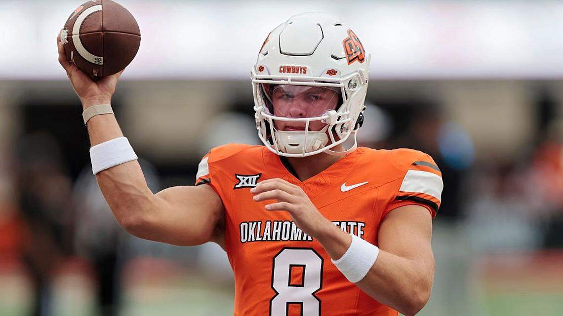 STILLWATER, OK - AUGUST 28: Quarterback Hauss Hejny #8 of the Oklahoma State Cowboys throws the ball before a game against the UT Martin Skyhawks at Boone Pickens Stadium on August 28, 2025 in Stillwater, Oklahoma. (Photo by Brian Bahr/Getty Images)