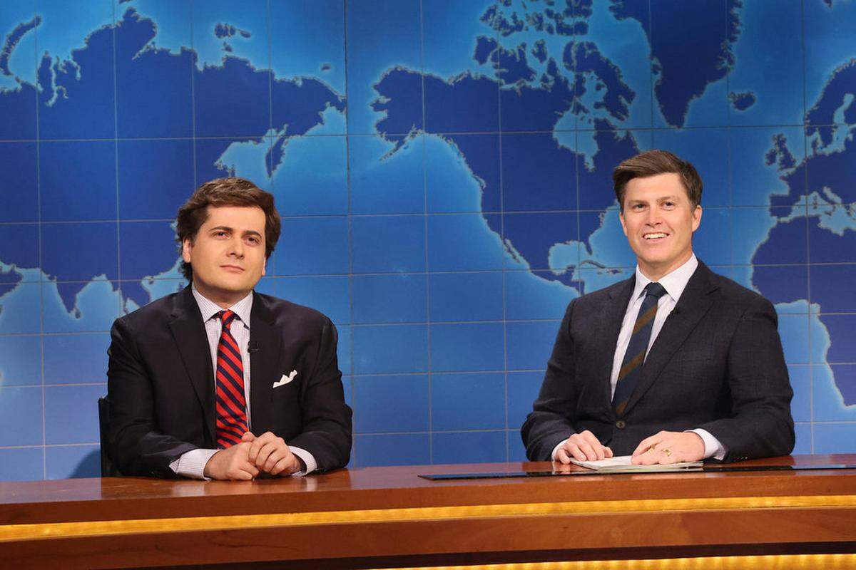 Jeremy Culhane as Tucker Carlson, and anchor Colin Jost during Weekend Update on Saturday, March 14, 2026.