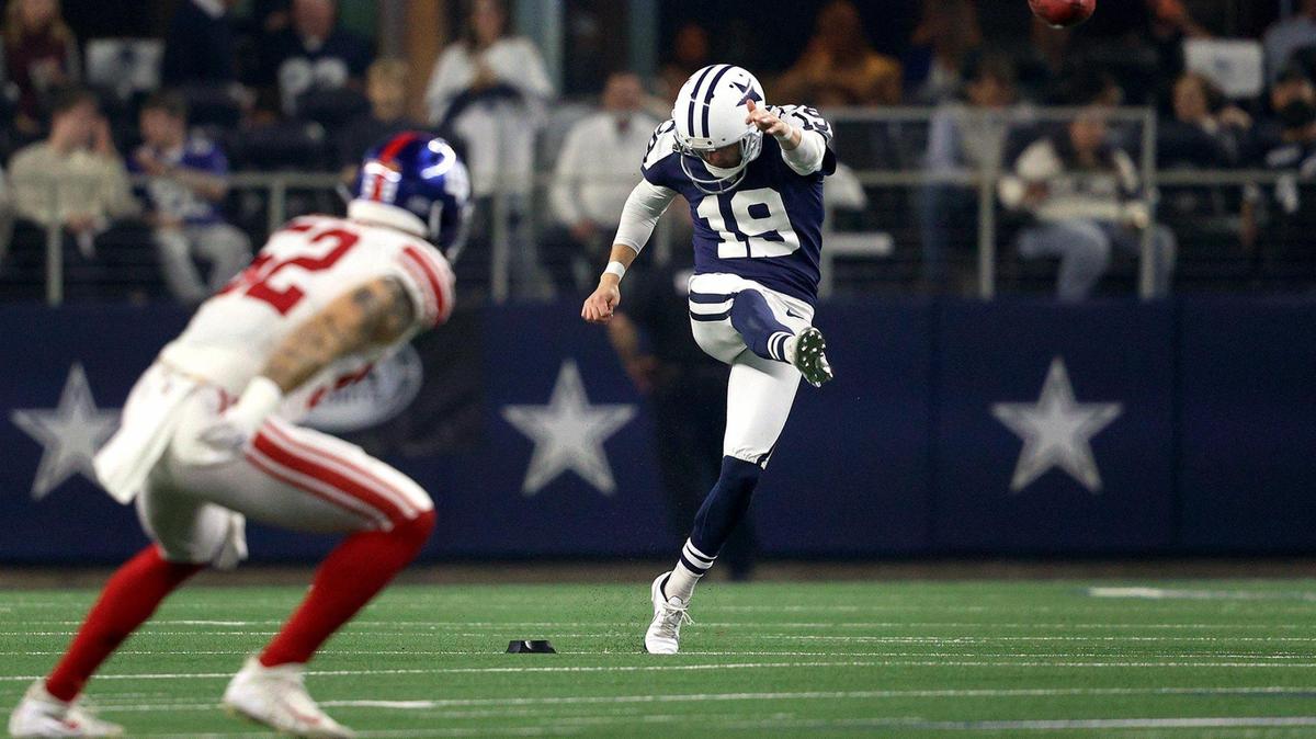 Dallas Cowboys kicker Brett Maher kicks the ball during the first half against the New York Giants. The NFL recently approved a new rule that alters kickoffs.