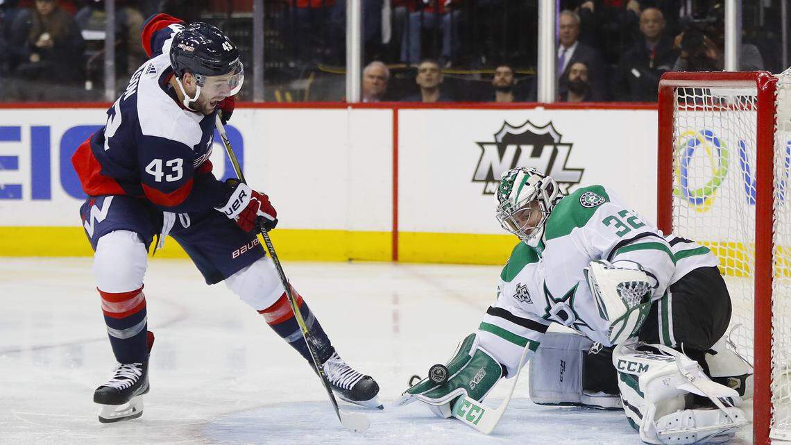 Dallas Stars goaltender Kari Lehtonen stops a shot by Washington Capitals right wing Tom Wilson. The Stars need more production out of Lehtonen and Ben Bishop if the Stars are going to make the playoffs.