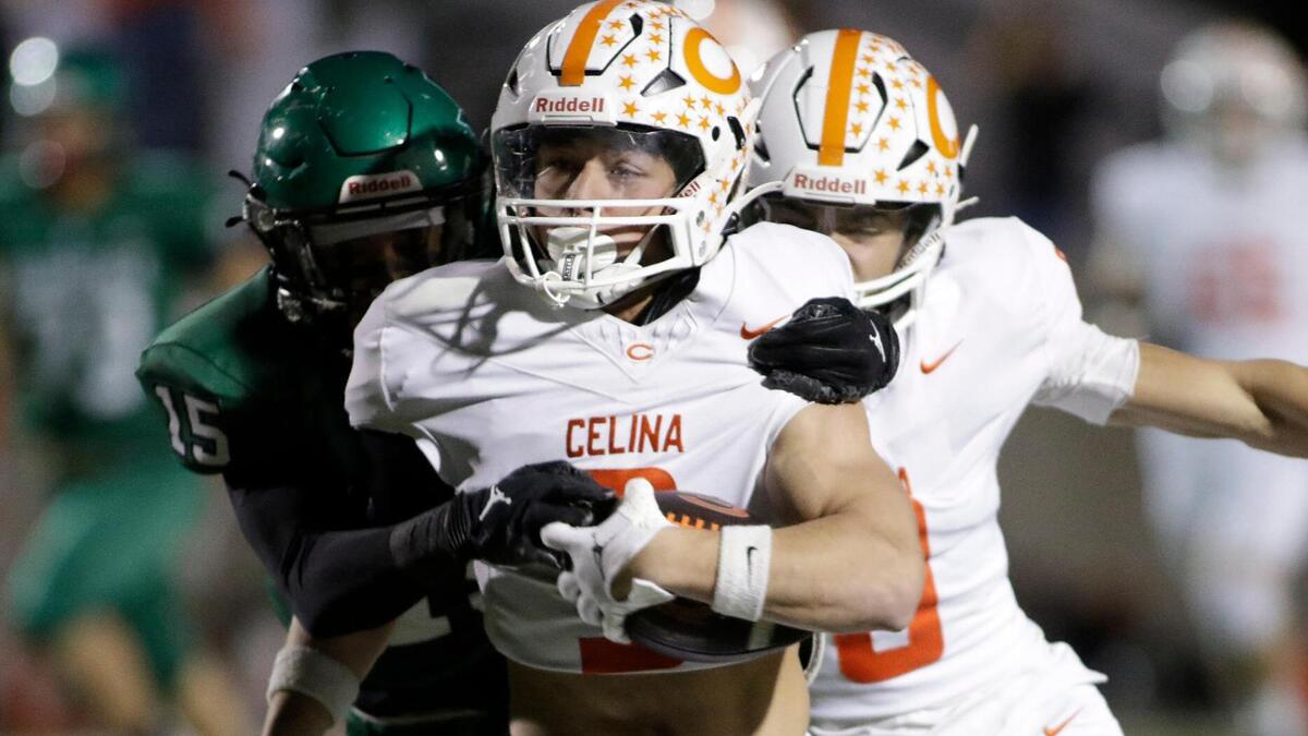 Celina’s Logan Gutierrez take the opening kickoff back for a big gain during a UIL football playoff game at Pennington Field on Friday November 22, 2024.