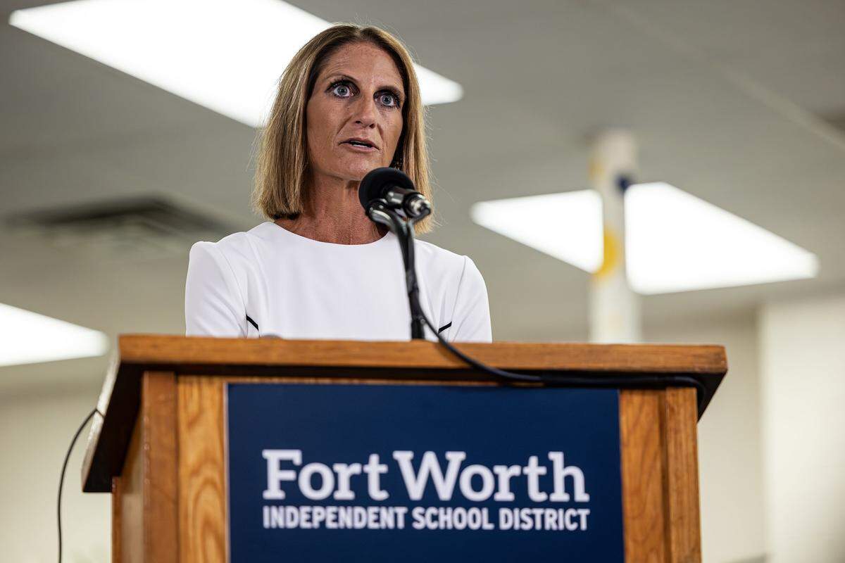 Fort Worth ISD Superintendent Karen Molinar speaks the media during a press conference on the first day of school at Mary Louise Phillips Elementary School in Fort Worth on Tuesday, Aug. 12, 2025.