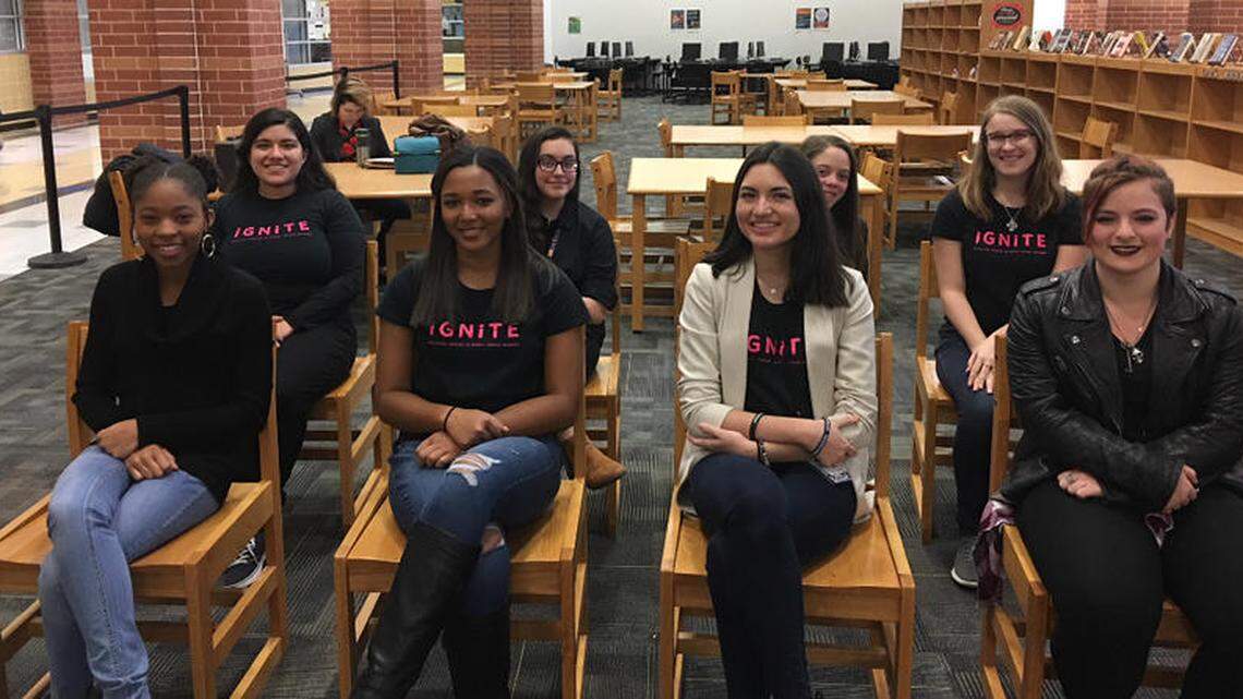Eight members of the Royse City High School Ignite Chapter. Vilma Ledferd (white jacket) saw the need for a women’s political organization at the school and reached out to form the school chapter.