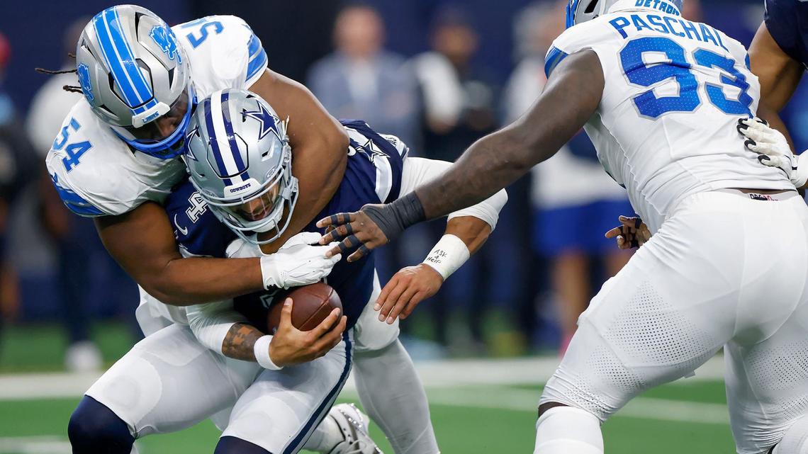 Dallas Cowboys quarterback Dak Prescott is sacked by Detroit Lions defensive lineman Alim McNeill on Sunday, Oct. 13, 2024, at AT&T Stadium in Arlington.