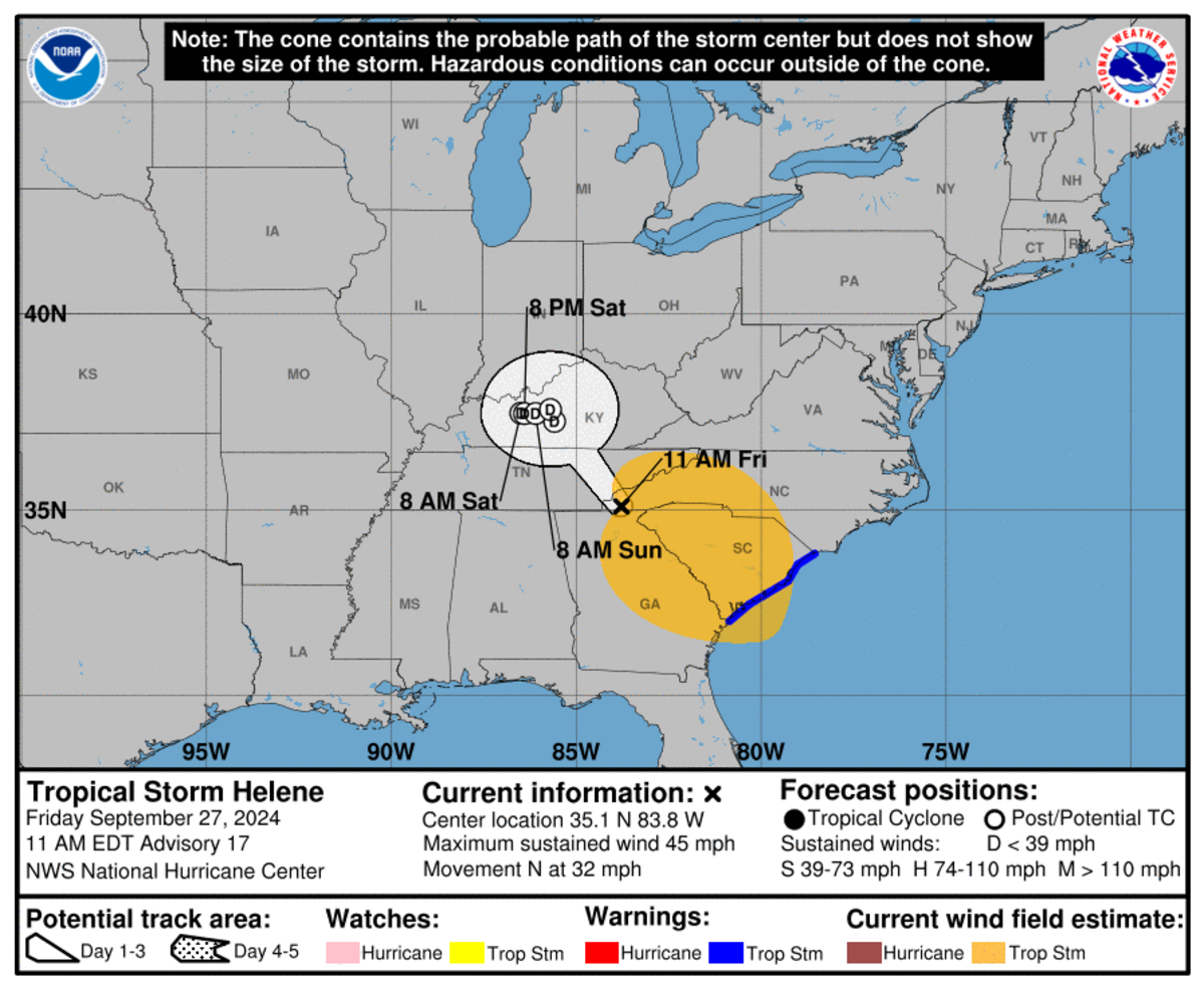 The latest tracking from the National Hurricane Center on Tropical Storm Helene.