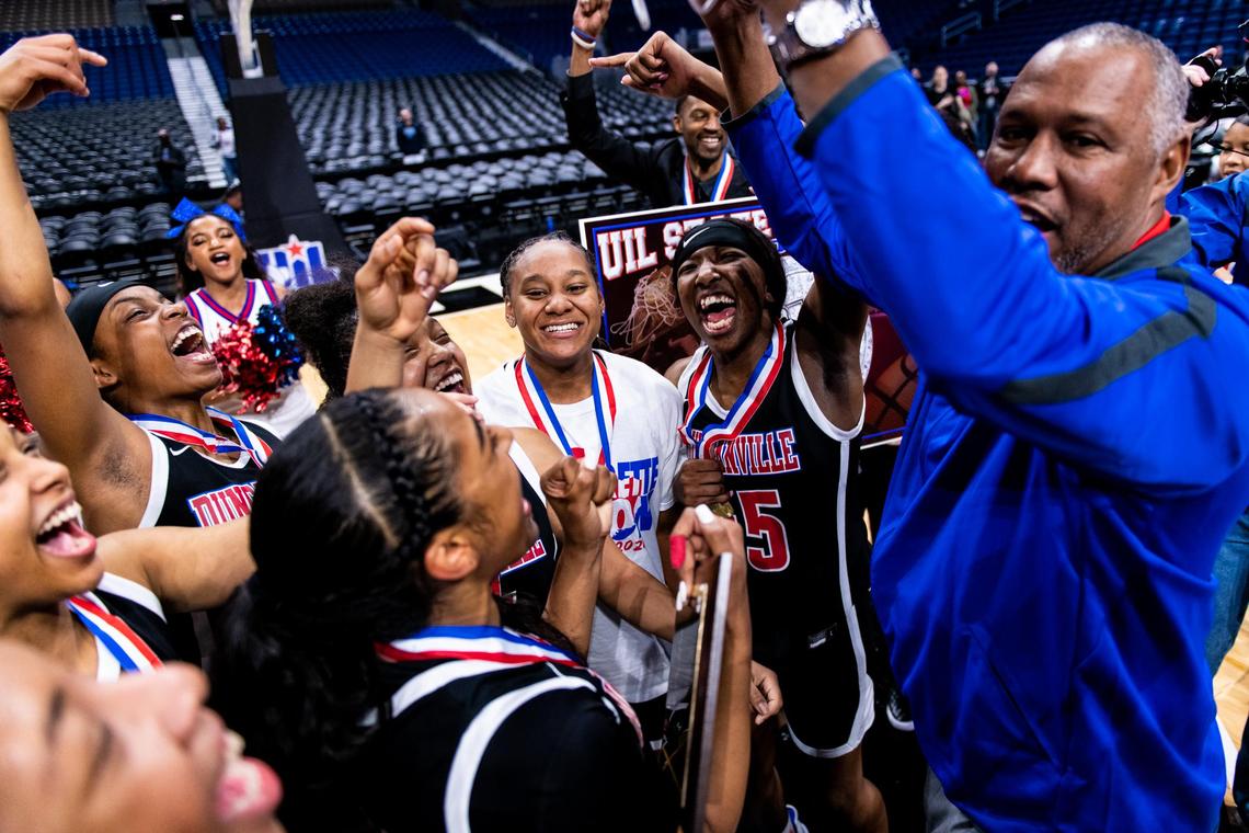 Duncanville celebrates recieveing their championship trophy after defeating the previously undefeated Cypress Creek Cougars, 63-47, in the 6A State Championship game at the Alamodome in San Antonio on March 7th, 2020. (Matt Smith: Special to the Star-Telegram).