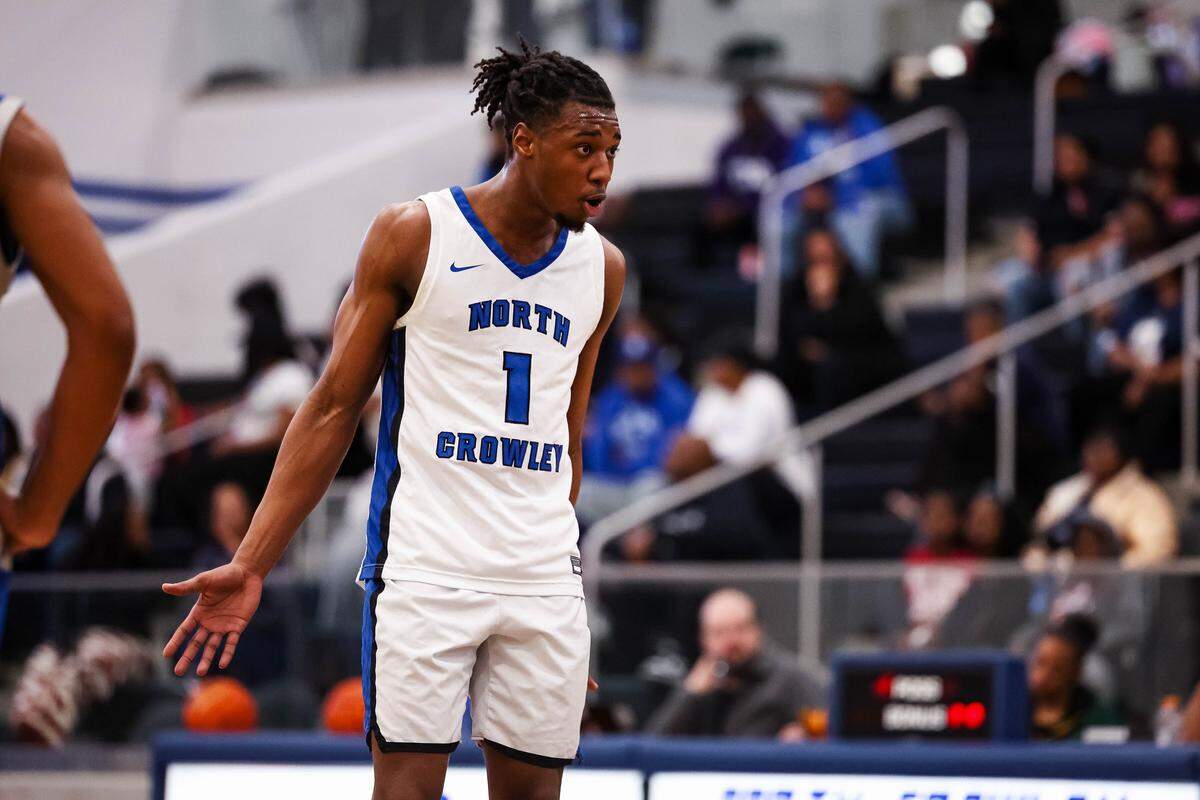 North Crowley guard Alex Barther II (1) reacts after a play in a District 3-6A matchup against Weatherford on Friday at North Crowley.