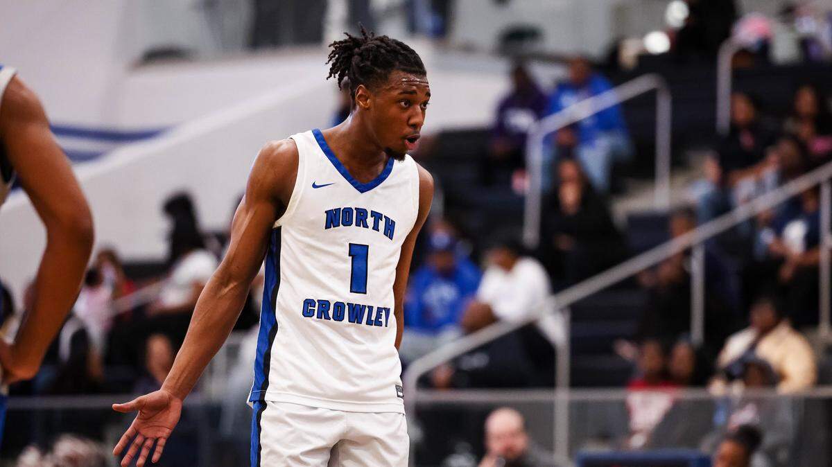 North Crowley guard Alex Barther II (1) reacts toward his teammates after a play in a 3-6A district matchup against Weatherford at North Crowley High School on Friday, Feb. 6, 2026.