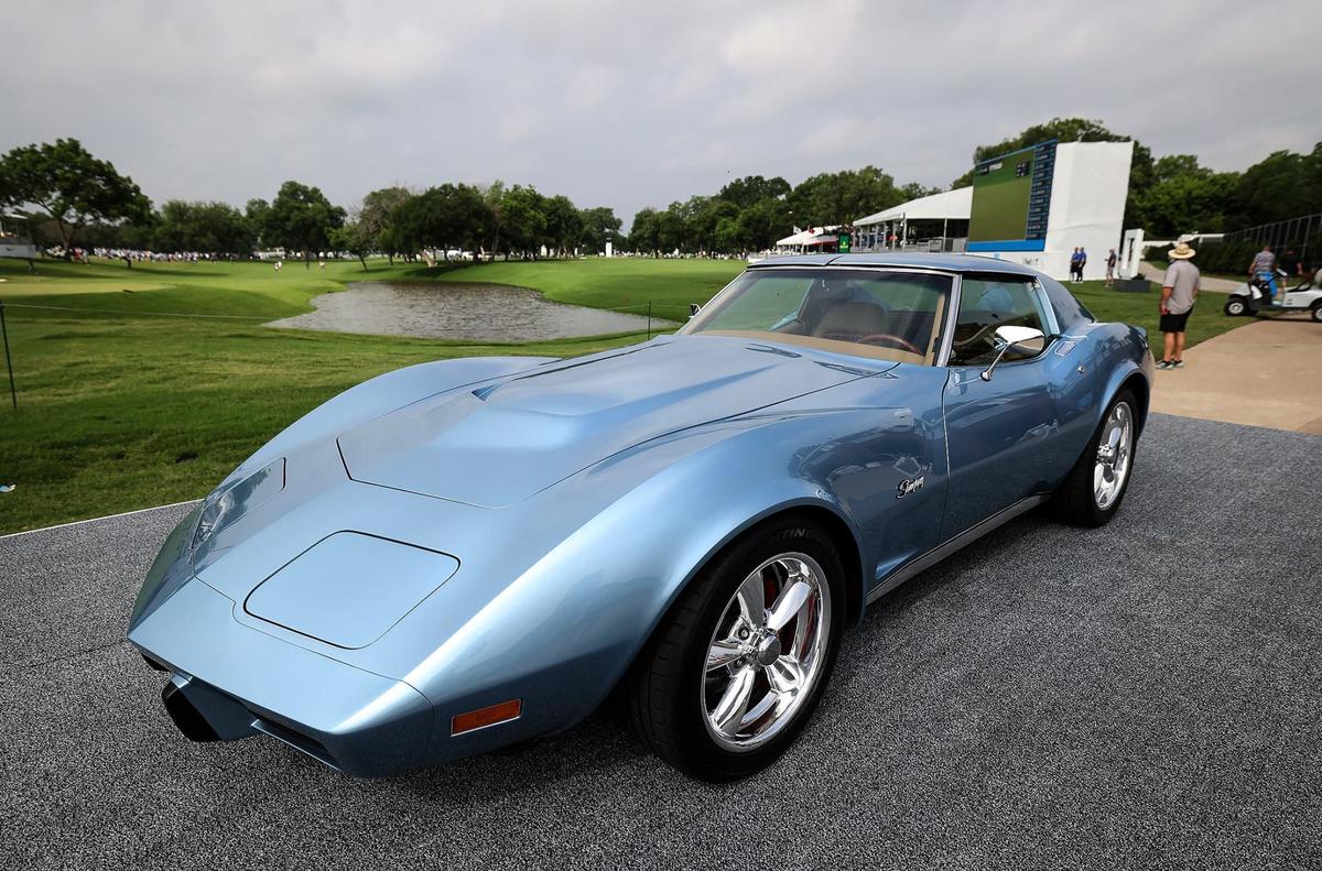 The 1975 Schwab Stingray sits on display at the Charles Schwab Classic in May 2024 at Colonial Country Club in Fort Worth. The Stingray features a V8 motor, a custom console with the champion’s name engraved, and hand-stitched upholstery with the Invitational’s signature tartan plaid trim.