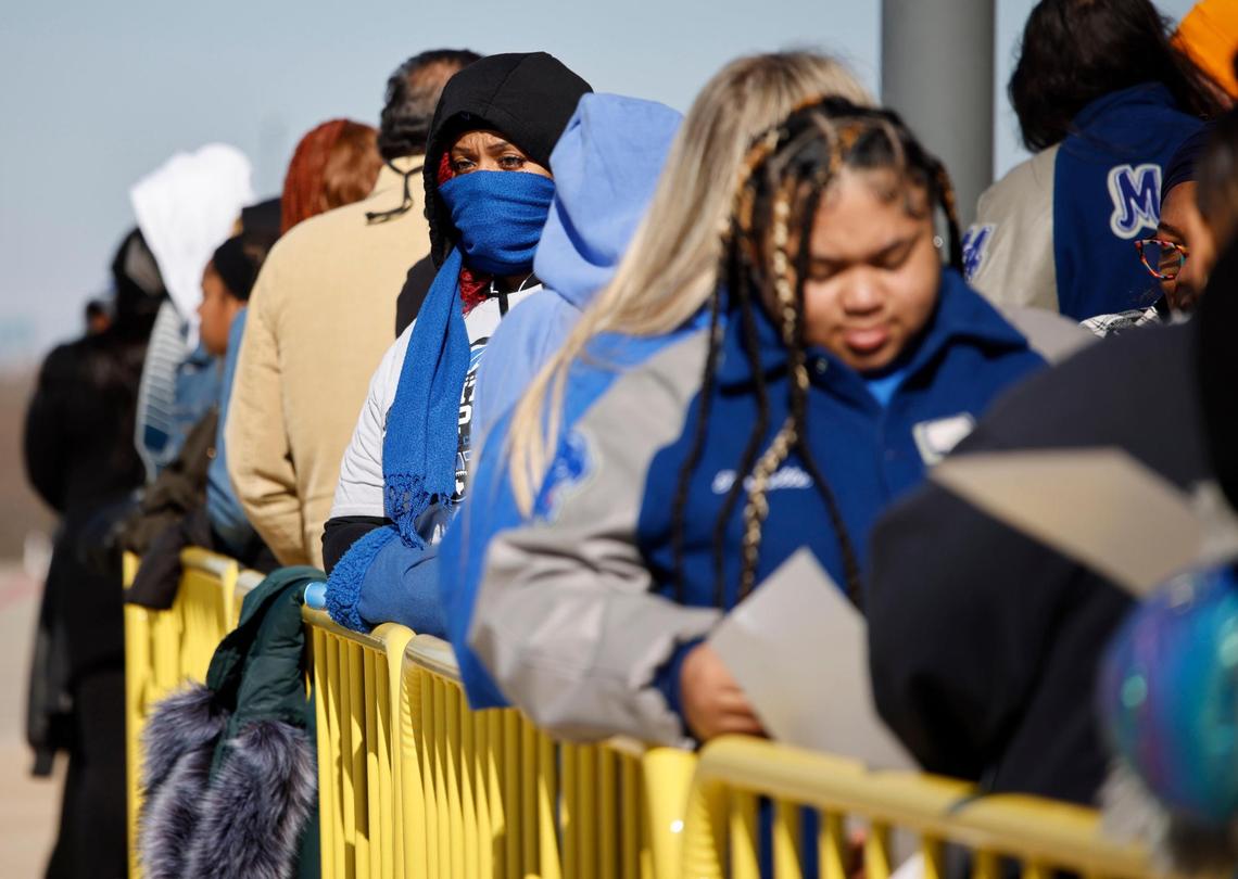 Panther fans bundled up for the 42 degree weather at the start of the UIL 6A D1 Championship Parade at Crowley ISD Multi-purpose Stadium in North Crowley, Texas, Saturday, Jan. 18, 2025.
