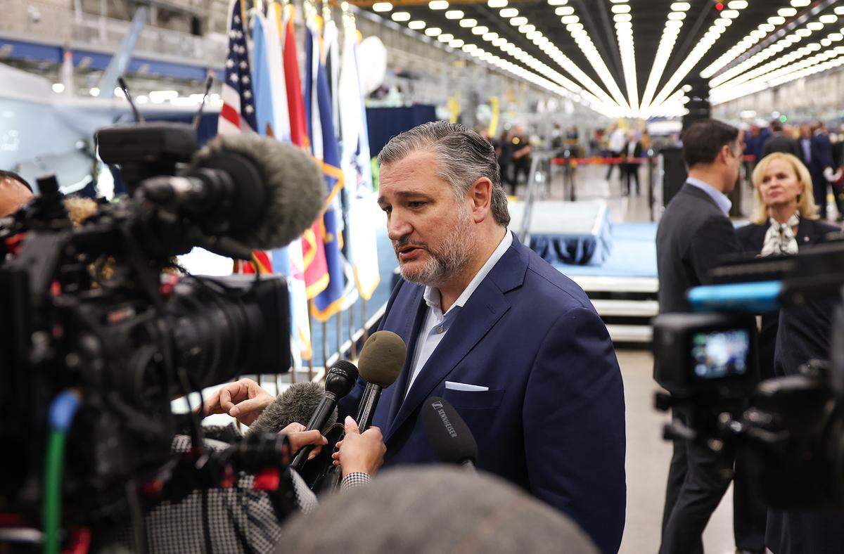 U.S. Senator Ted Cruz speaks with media in January following an event with Defense Secretary Pete Hegseth at Lockheed Martin’s Fort Worth facility.