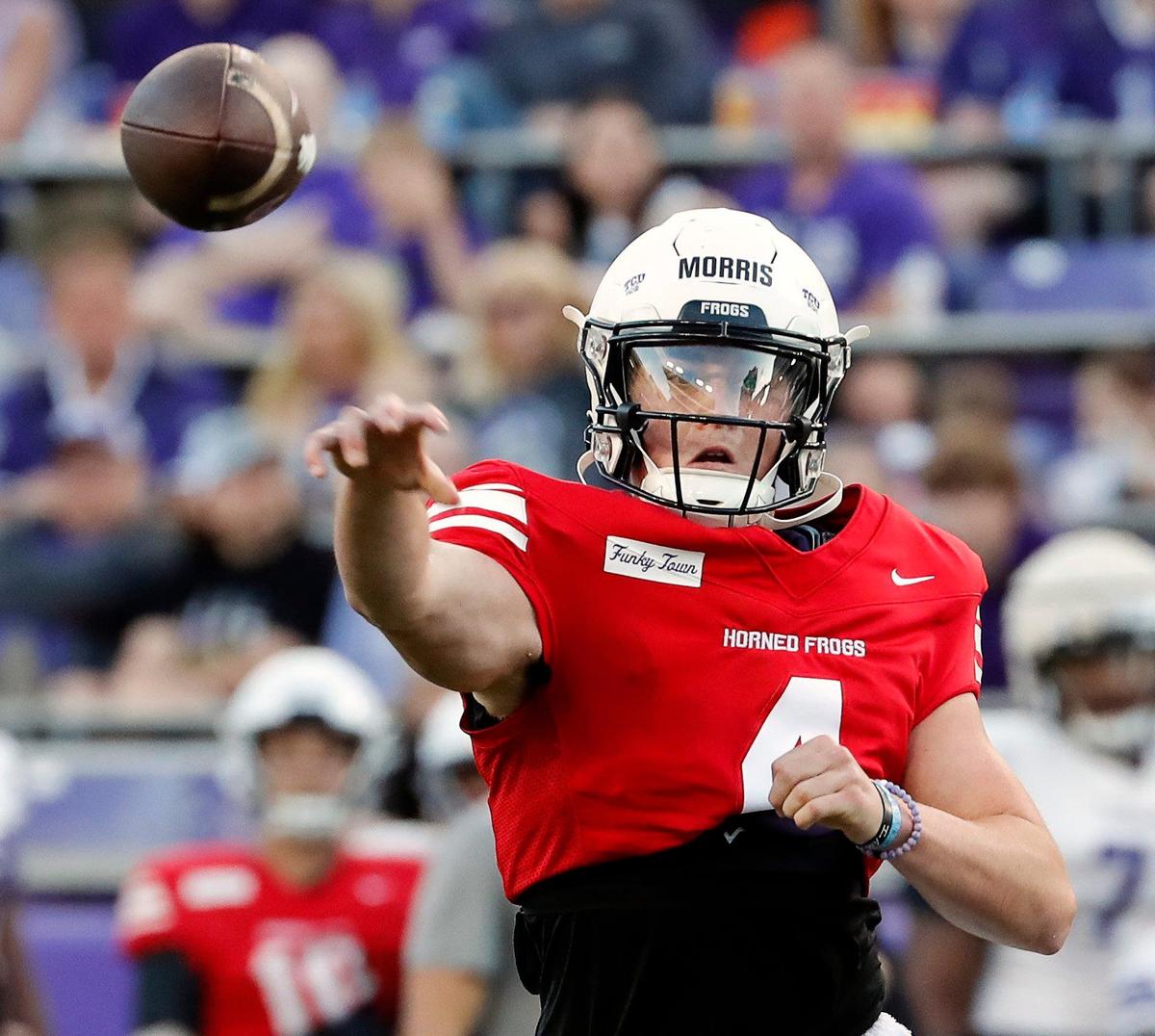 TCU quarterback Chandler Morris (4) tosses one to the outside during the TCU Spring Game at Amon G. Carter Stadium in Fort Worth, Texas, Friday, Apr. 14, 2023. (Special to the Star-Telegram Bob Booth)