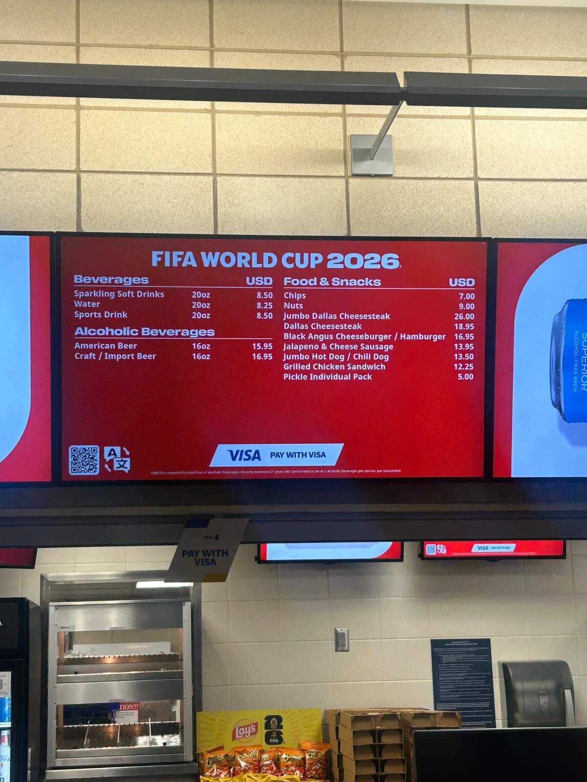 Concession prices at AT&T Stadium ahead of the match between England and Croatia in the 2026 World Cup.