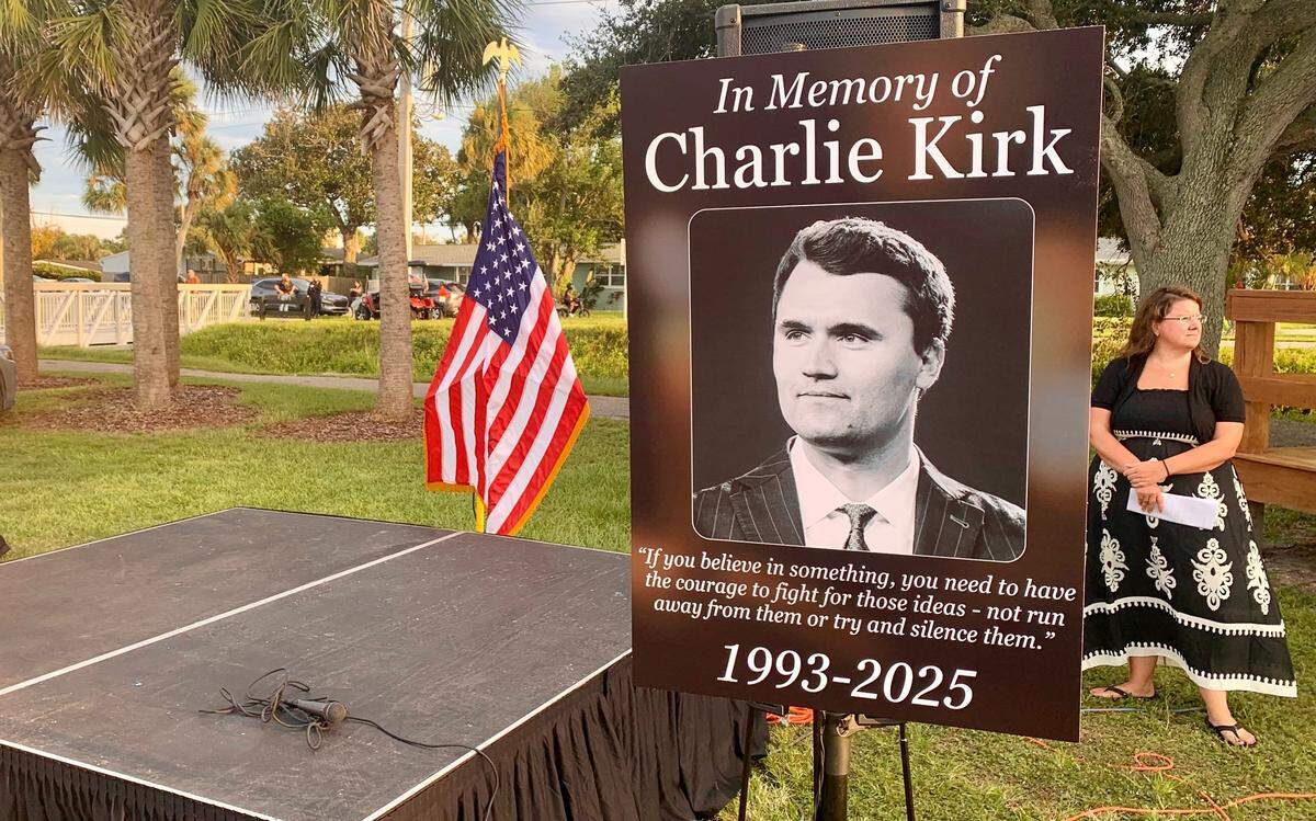 A photo of Charlie Kirk at a memorial vigil for Kirk on Sept. 11 in Neptune Beach, Florida.