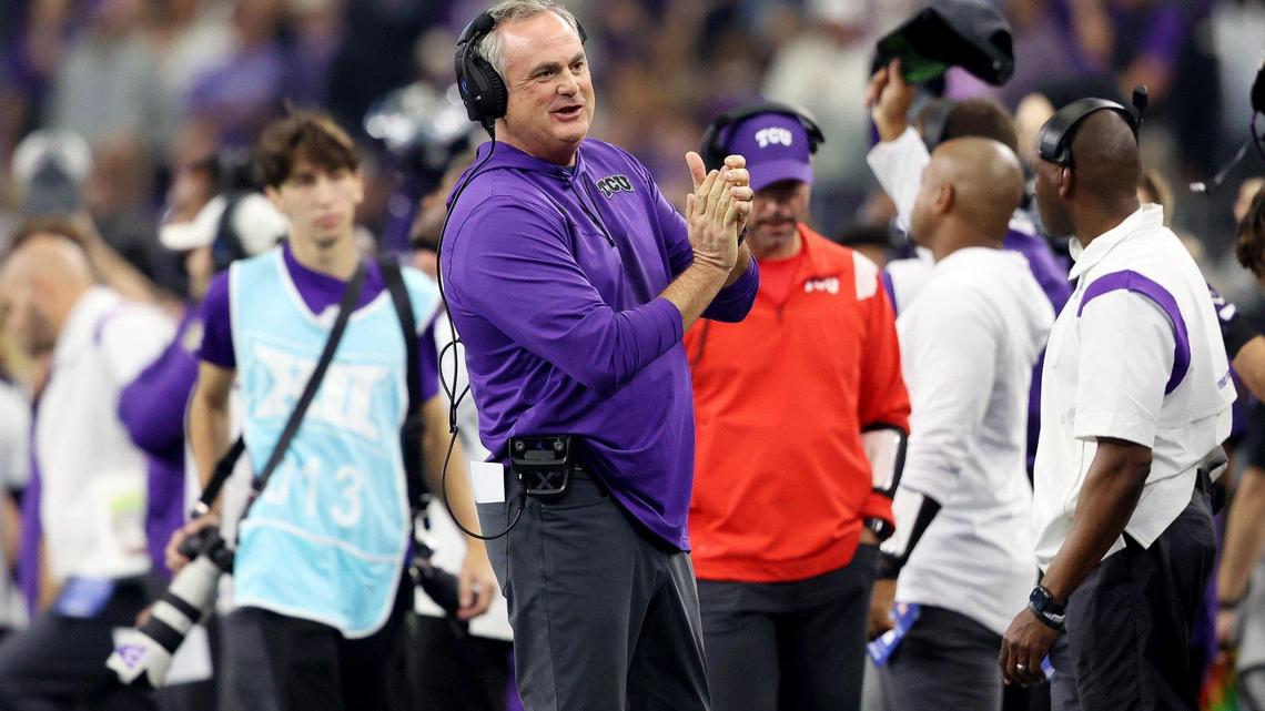 TCU head coach Sonny Dykes cheers on his team during the 2022 Dr. Pepper Big 12 Championship against Kansas State on Saturday, December 3, 2022.
