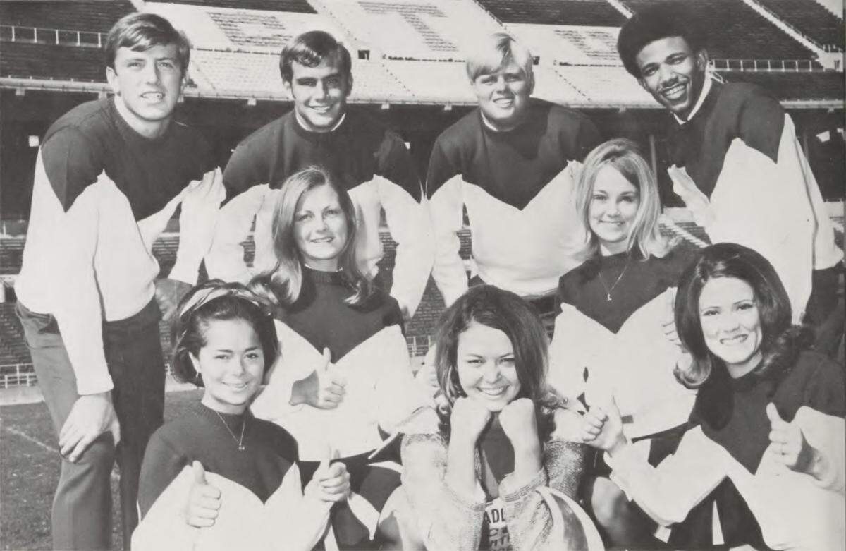 Ron Hurdle, top right, was TCU’s first Black cheerleader in 1969.