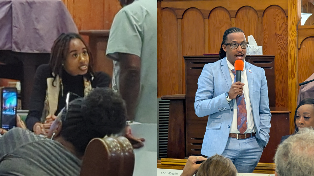 A split screen of two candidates for office. 