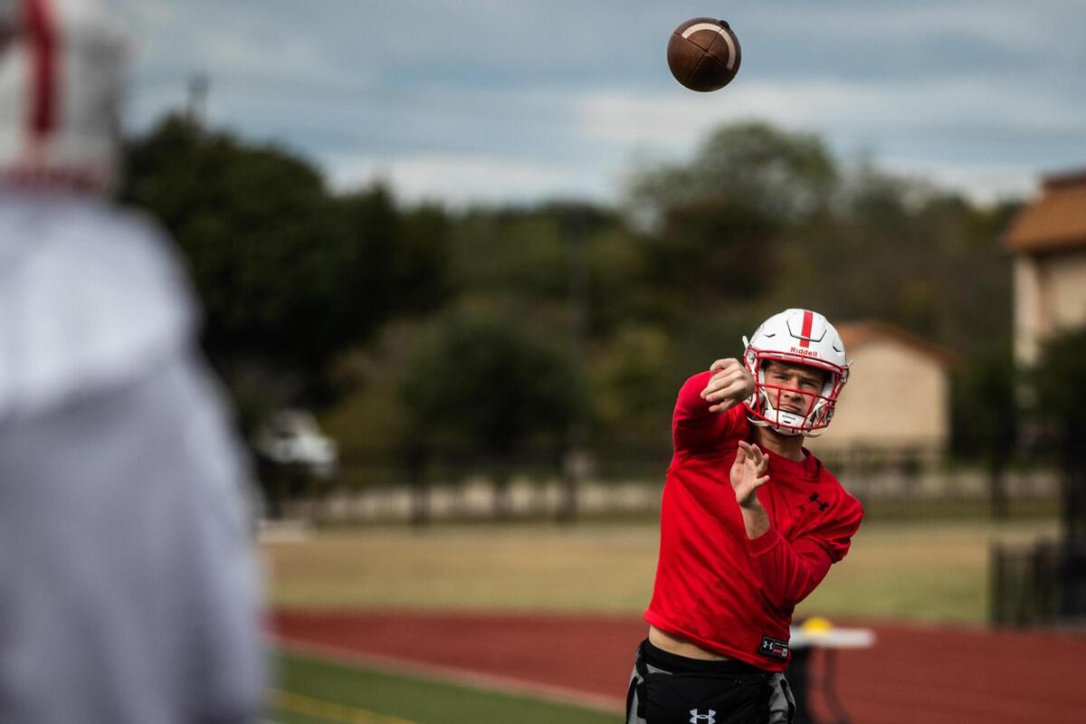 Quarterback Carson Cross throws the ball during football practice Thursday, Oct. 29, 2020, at Fort Worth Christian School. Cross will be facing his younger brother at the rivalry game against Grapevine Faith on Nov. 6.