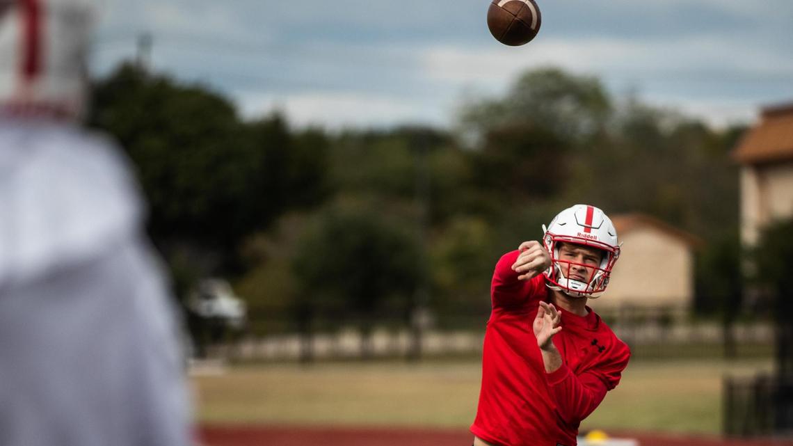Quarterback Carson Cross throws the ball during football practice Thursday, Oct. 29, 2020, at Fort Worth Christian School. Cross will be facing his younger brother at the rivalry game against Grapevine Faith on Nov. 6.