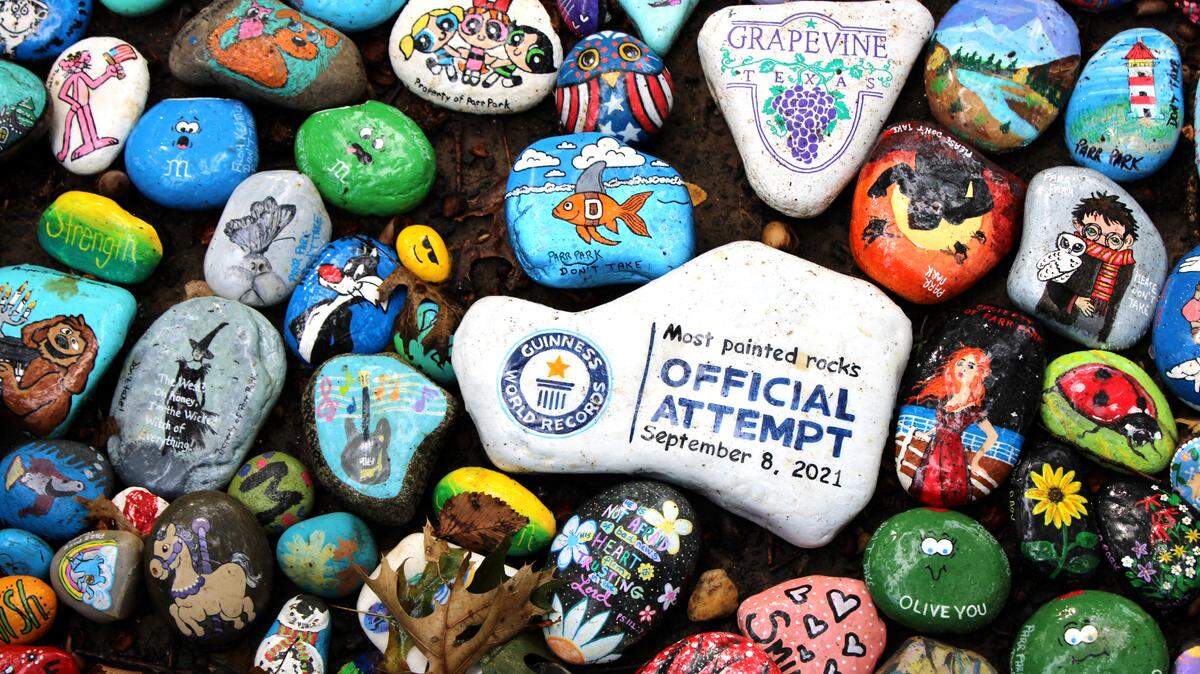 The Rock Art Trail, which began in March 2020 during the onset of the COVID-19 pandemic, features a display of 24,459 painted rocks. The trail lies between Parr Park and the trail connection from Parr Park along Big Bear Creek in Grapevine.