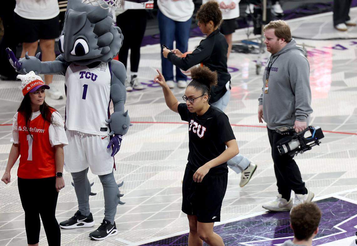 Texas Christian University guard Olivia Miles interacts with the crowd after interviewing on ESPN College GameDay at Schollmaier Arena on Sunday, March 1, 2026.