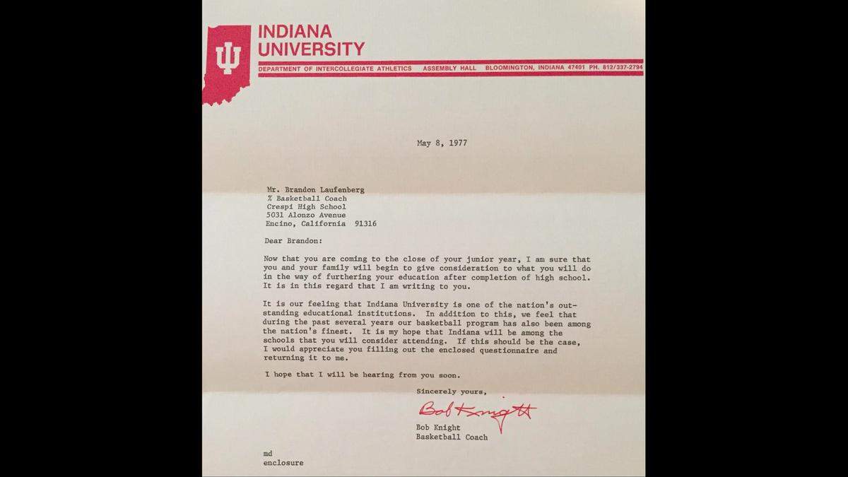 In 1977, Indiana University men’s basketball coach Bob Knight sent high school student Babe Laufenberg this letter to land the two-sport athlete from California. Laufenberg wound up going to Stanford to play football out of high school, but eventually ended at Indiana. Also, to play football. Laufenberg played for the Dallas Cowboys, and is now the team’s radio color analyst.