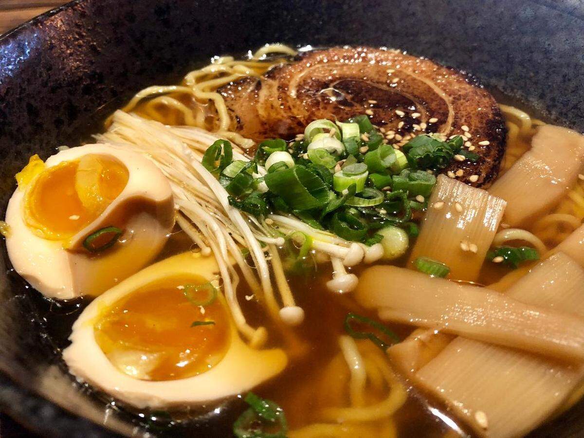 The Shoyu Ramen at Wabi House: Chicken broth with pork, egg, bamboo shoots, enoki mushrooms and scallions