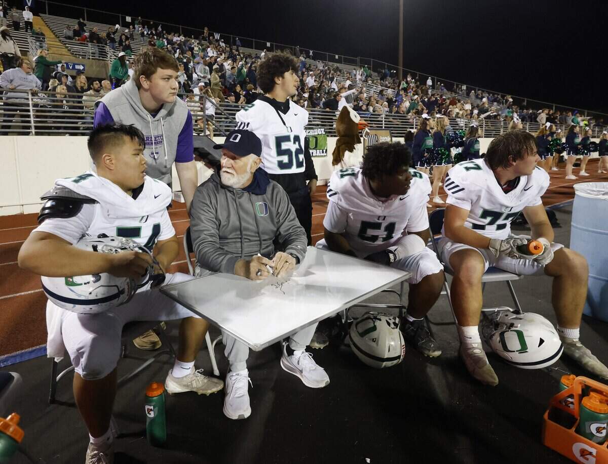 With a little more than five minutes remaining Oakridge O line coach Dan Edelman talks to his unit to tell them they need to hold the line for the remainder the second half of the SPC 2025 3A Football Championship football game between The Oakridge School and Fort Worth Country Day at Mavericks Stadium in Arlington, Texas, Saturday Nov. 08, 2025.
