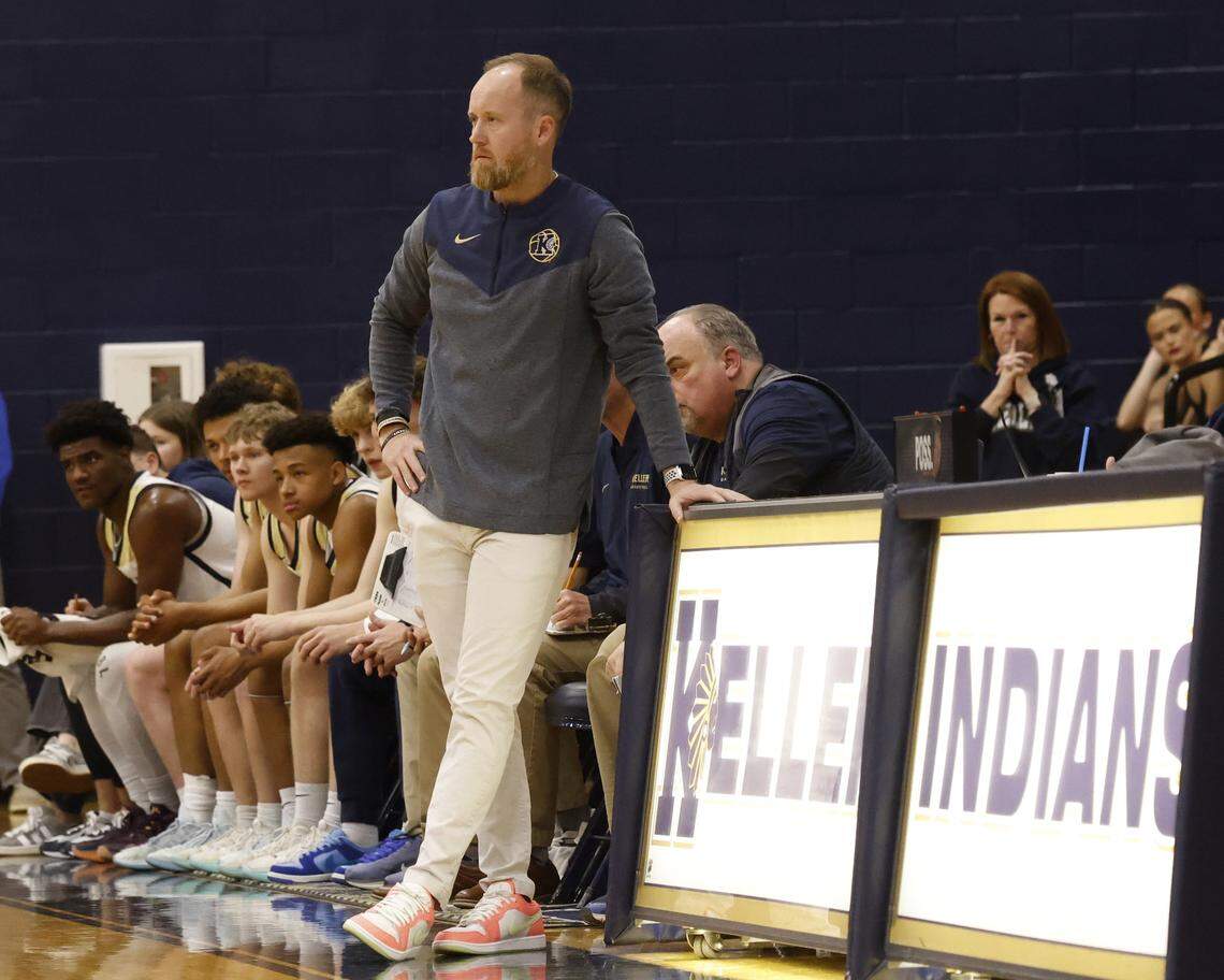 Keller head coach Zachary Weir watches action during the first half of a UIL boys basketball game between L.D. Bell and Keller at Keller High School in Keller, Texas, Friday Jan. 16, 2026