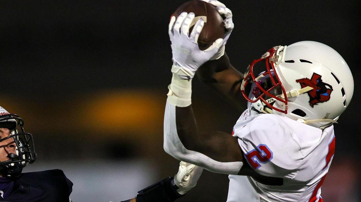 Skyline receiver Quaydaruis Davis (2) goes up for a reception against Keller defensive back Adam Campbell (20) during the first half of a high school football game, October 15, 2020 played at Keller ISD Stadium in Keller, Tx. (Steve Nurenberg Special to the Star-Telegram)