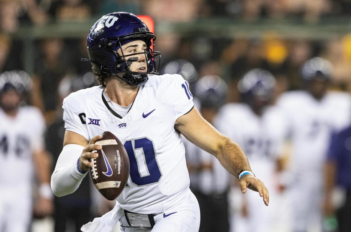 TCU quarterback Josh Hoover (10) looks to pass in the first half of an NCAA football game between TCU and Baylor at McLane Stadium in Waco on Saturday, Nov. 2, 2024.