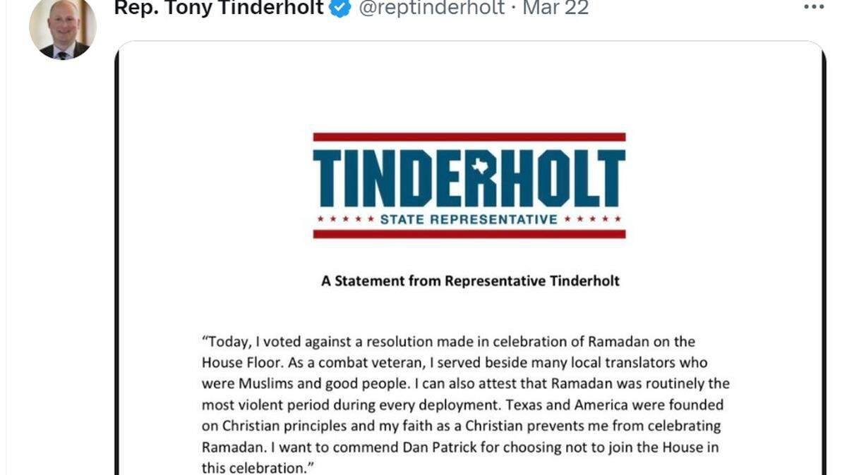 Tony Tinderholt voted against a resolution commemorating Ramadan after supporting similar measures in 2019 and 2021.