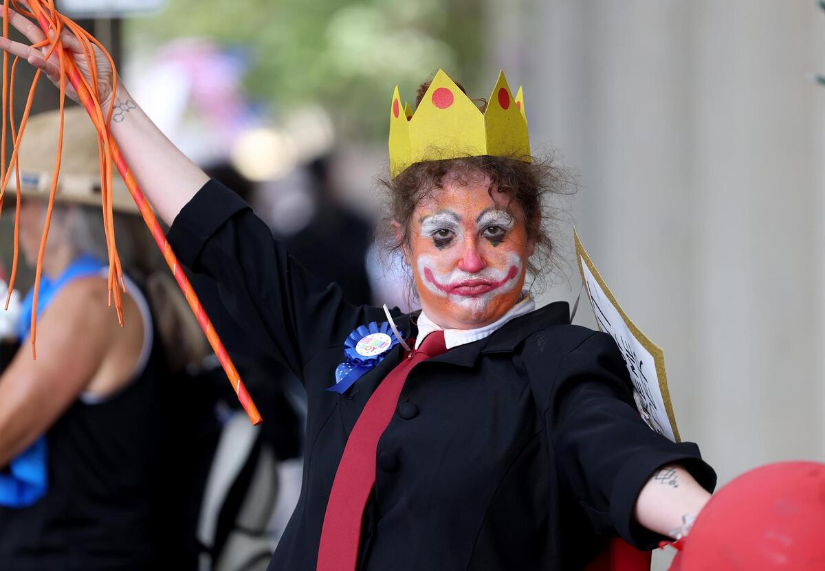 Community members at Burnett Plaza in downtown Fort Worth for the “No Kings Day” protest on June 14, 2025.