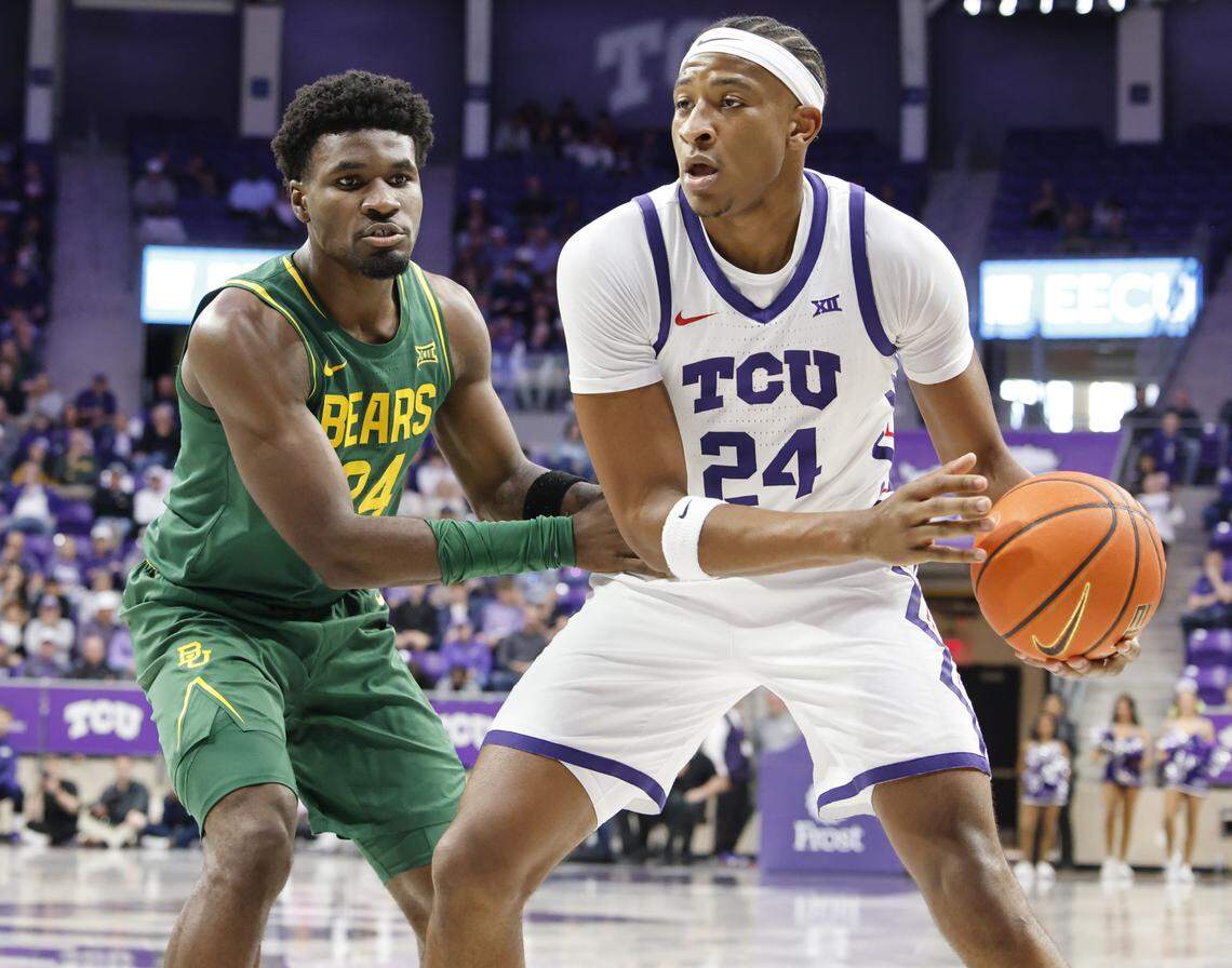 Baylor guard Tounde Yessoufou (24) defends against TCU forward Xavier Edmonds (24) during the first half of a NCAA basketball game between Baylor University and TCU at Schollmaier Arena in Fort Worth, Texas, Saturday Jan. 03, 2026