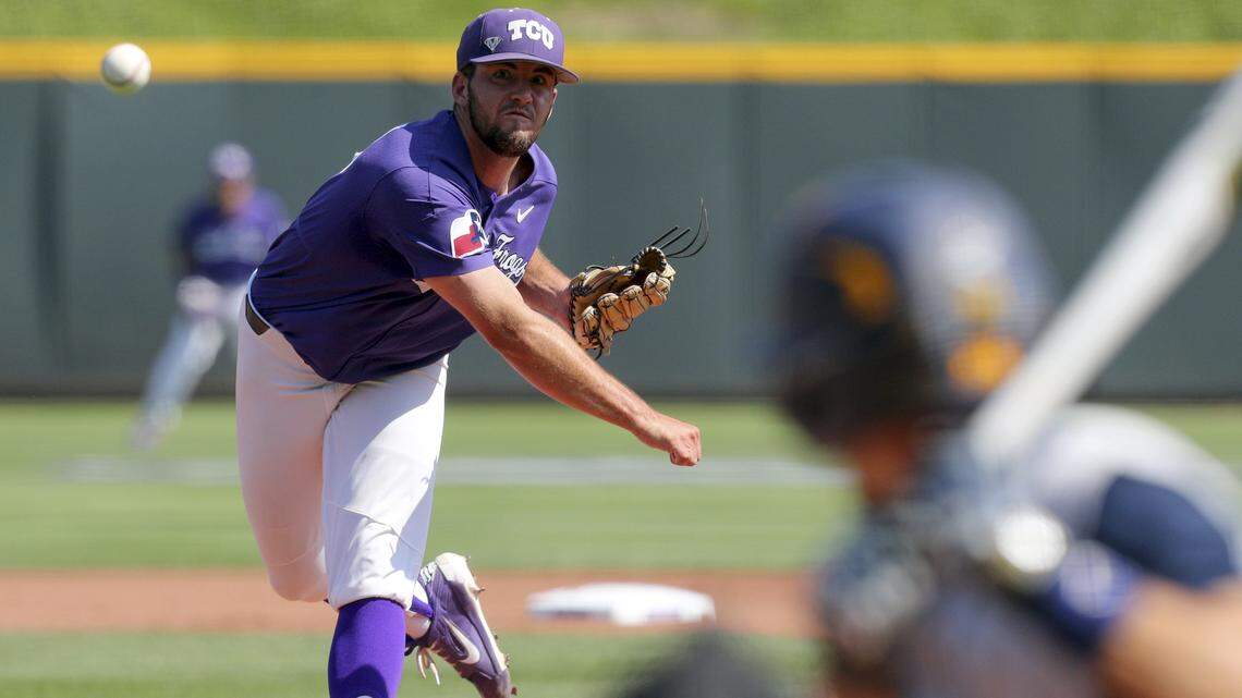 TCU pitcher Jake Eissler works the first inning against West Virginia in Saturday's college baseball game in Fort Worth.