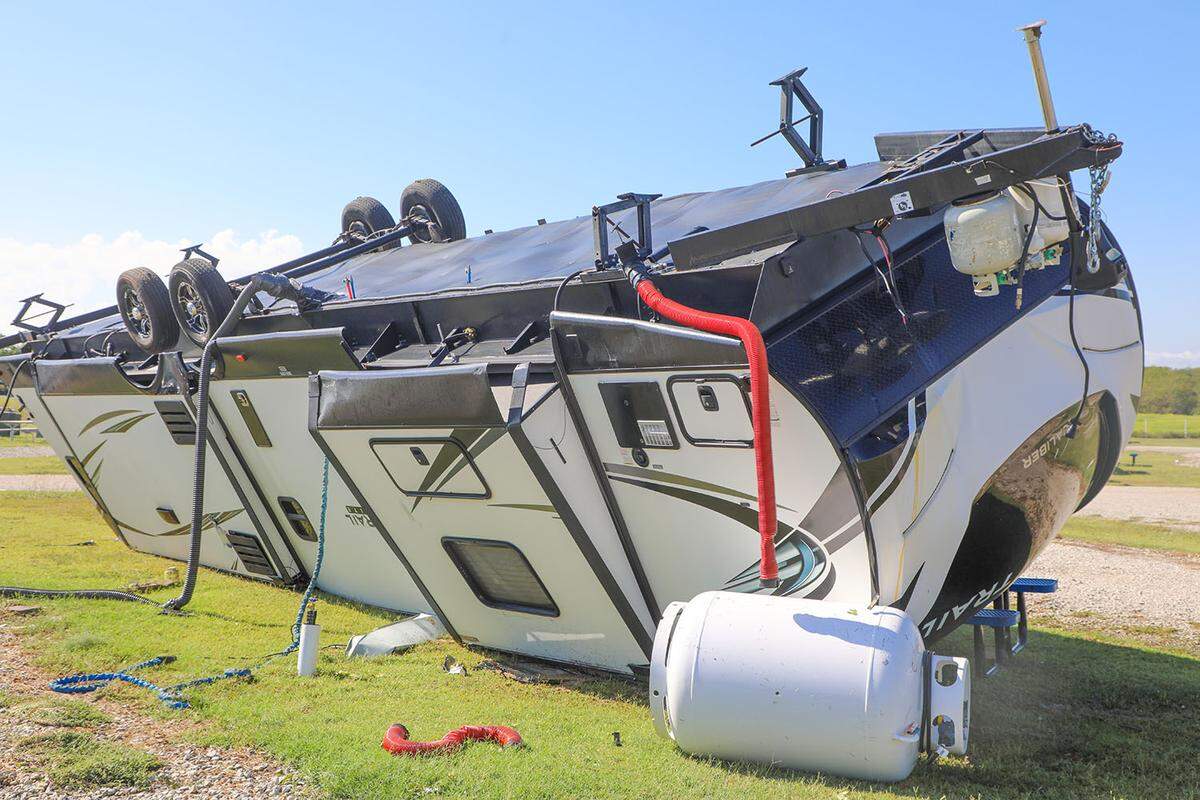 Several RVs overturned and a 79-year-old woman was killed when a severe storm hit an RV park in Sanger, Texas, on Sunday, Sept. 21, Denton County officials said.