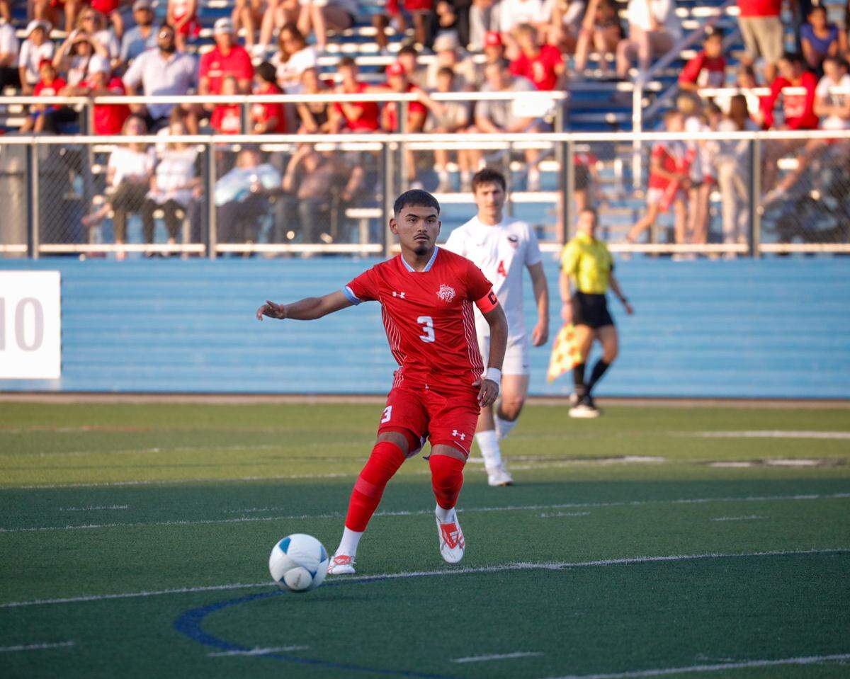 Castleberry junior Gerardo Garcia makes a play on the Salado defense in the UIL Class 4A Division 1 state championship soccer game at Birkelbach Field in Georgetown on Friday, April 10, 2025.