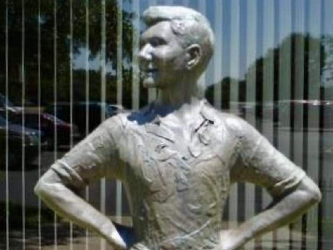A statue of Weatherford native Mary Martin as “Peter Pan” stands outside the city’s public library.