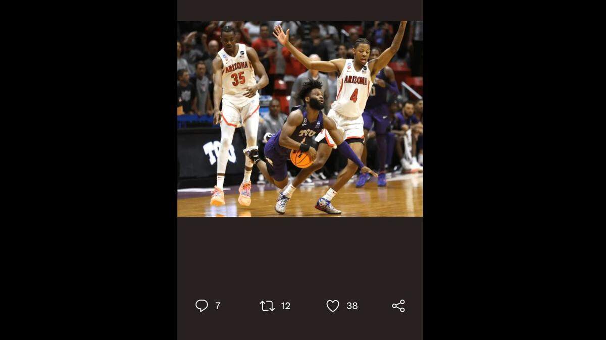 The moment TCU’s Mike Miles fell to the floor after being bumped by Arizona’s Dalen Terry with less than five seconds remaining in regulation of a second round NCAA Tournament game Sunday night in San Diego, as caught by Arizona Daily Star photographer Kelly Presnell, who posted multiple images of the play on social media.