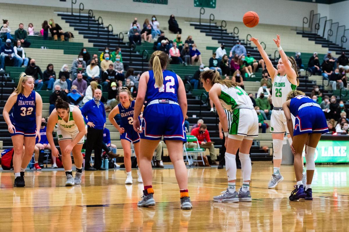 Allie Buchanan (25) shoots a free through while in the bonus during a district match between Lake Dallas and Grapevine at Lake Dallas High Shcool on January 29, 2021. Photo by Matt Smith (Special to the Star-Telegram).
