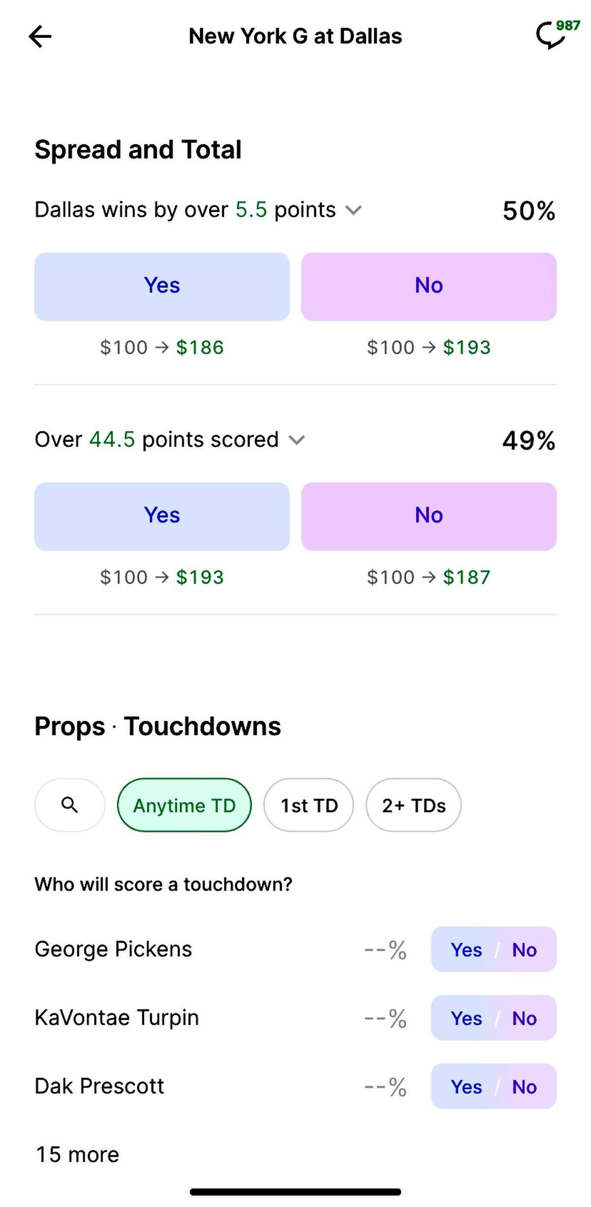 Kalshi offers odds on the upcoming Cowboys-Giants game on its app.