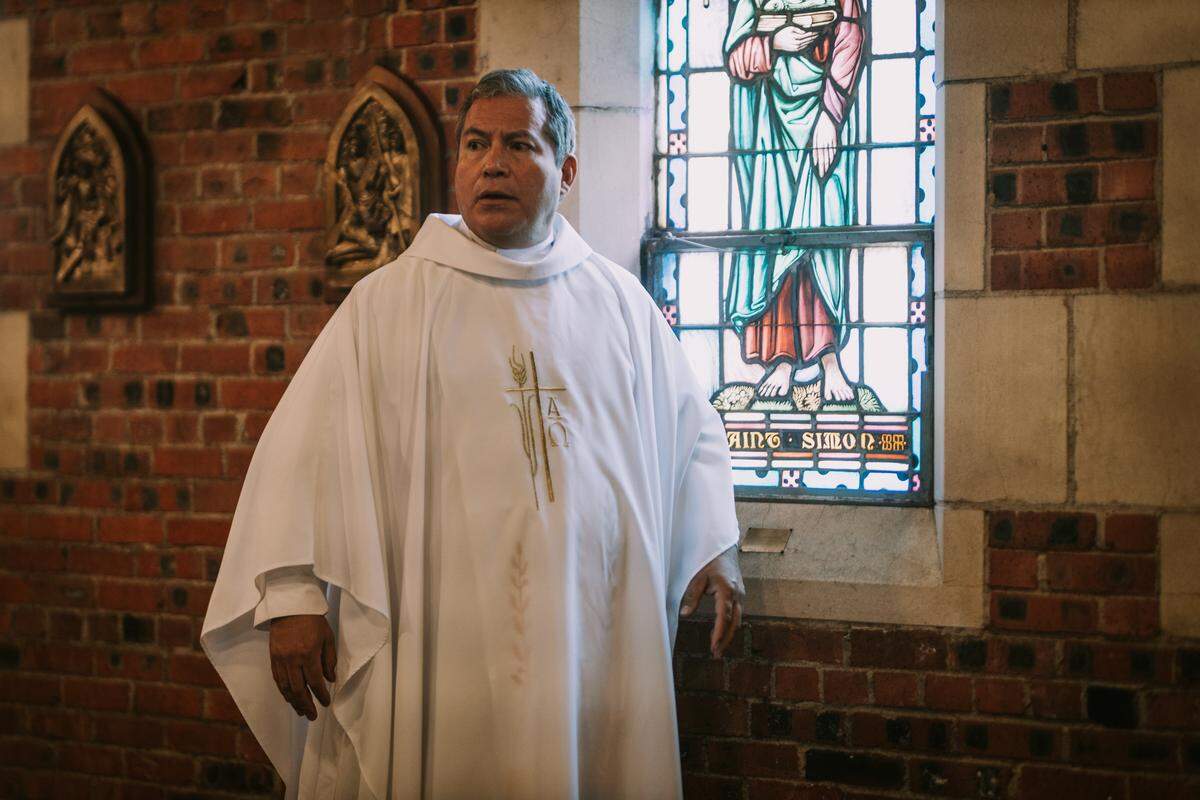 Julio César Cedillo, who plays Father Tomas, behind the scenes of “The Mourning Of.”
